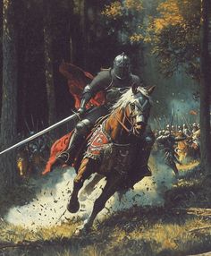 a painting of a knight riding on the back of a horse in a wooded area