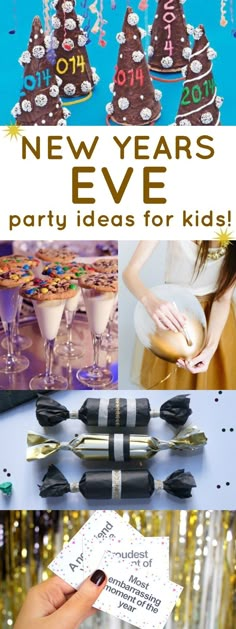 new year's eve party ideas for kids, including desserts and champagne glasses