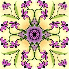 an abstract flower design with purple flowers and green leaves in the center on a yellow background