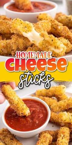 homemade cheese sticks with marinara sauce in the middle and dipping sauce on the side