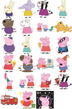 many different cartoon characters are shown in this image, including pepo and piggy