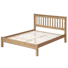 a wooden bed frame with no headboard or foot board, and slatted sides