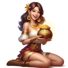 a beautiful woman holding a gold pot in her hands