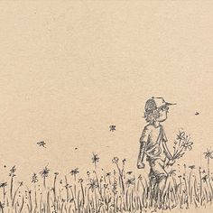 a drawing of a boy in a field with dandelions