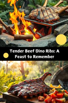 a grill that has some food on it and the words tender beef dino ribs feast to remember