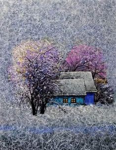 a painting of a blue house with trees in the foreground and snow on the ground