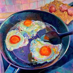 an oil painting of eggs being cooked in a pan