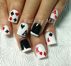 DECK OF CARDS Nails For Las Vegas, Vegas Inspired Nails, Queen Of Hearts Nails, Nail Cartoon, Acrylic Nail Inspiration, Hearts Nails, Rockstar Nails