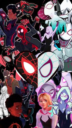 the spider - man and his friends are all in different poses, with their faces drawn on