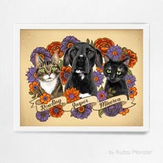 two cats and a dog are sitting next to each other on a floral frame with flowers