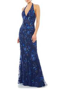 Mac Duggal Sequin Floral Halter Neck Sheath Gown | Nordstrom Mac Duggal Prom, Wedding Fancy, Jr Prom, Sheath Gown, Halter Gown, Floral Gown, Column Gown, Floor Length Skirt, Stunning Gowns