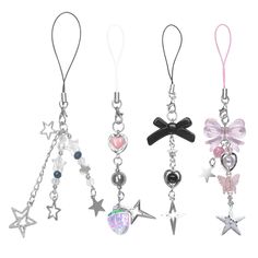 four different styles of charms with bows and hearts on each one side, all in various colors