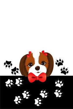 a brown and white dog wearing a red bow tie with paw prints on the background