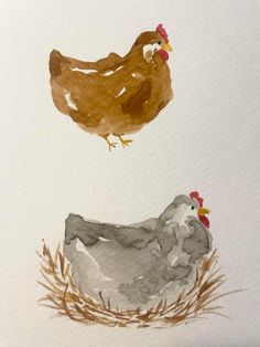 two chickens are standing next to each other in watercolor and pencils on paper