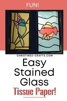 a tissue paper stained glass window featuring a bird and a fish