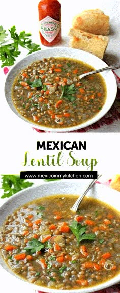 mexican lentil soup in a white bowl with bread and garnish on the side