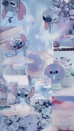 an image of cartoon character collages in blue and pink tones with white clouds