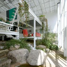 an artist's rendering of the inside of a building with rocks and plants in it