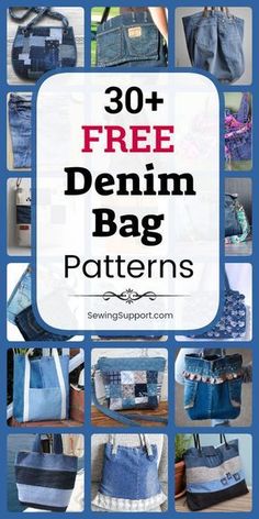 the cover of 30 free denim bag patterns, including purses and tote bags