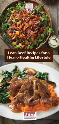 a plate full of meat and vegetables with the title learn beef recipes for a hearty life style