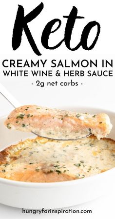 the cover of keto creamy salmon in white wine and herb sauce with a spoon