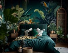 a bedroom decorated in green and gold with tropical plants on the wall behind the bed