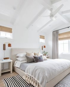 three photos of a bedroom with white walls and ceiling