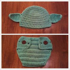 crocheted baby hat and diaper cover made to look like yoda from star wars