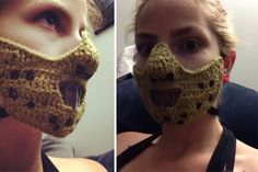 two pictures of a woman wearing a crocheted mask