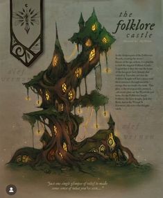 an advertisement for the folkloree castle with trees and lights on it's sides