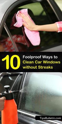 a woman cleaning her car with a cloth and spray bottle on the side of it