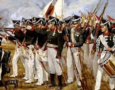 a painting of men in uniforms holding flags