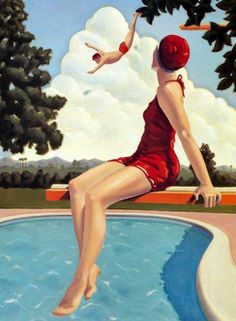 a painting of a woman in a red swimsuit jumping into a pool