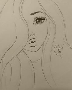 a pencil drawing of a woman's face with long hair and eyeliners