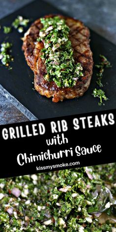 grilled rib steaks with chimichurri sauce on a black serving platter