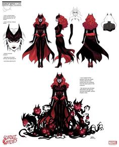 the concept art for person's character sheet, which includes red hair and black dress