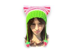 This crochet Strawberry Cat Hat will keep you warm season after season or at the very least makes a great hair accessory on bad hair days. A Fancy Beanie looks great on all the teens and young women and men. Great for fall and winter wear. Great for a costume party, a school crazy hat day, Halloween and other Holyday. Fits teen to adult. * The Most Trending Hat with a strawberries * Halloween costume * Nice Christmas gift for everyone * The Best Gift for Teenagers * Pink and green colors * 100% Pink Cat Ears Hat For Winter, Pink Winter Hat With Cat Ears, Cute Winter Crochet Hat, Playful Winter Crochet Cap, Playful Crochet Winter Cap, Playful Crochet Cap For Winter, Cute Crochet Cat Ears Hat For Winter, Winter Yarn Hats With Cat Ears, Cute Winter Crochet Brimmed Hat