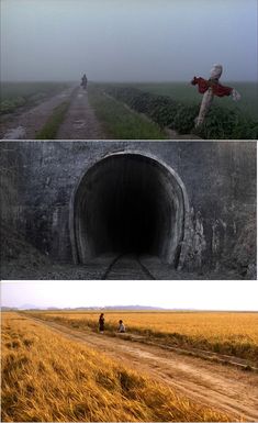 there are two pictures with people riding bikes in the same direction, one is going through a tunnel