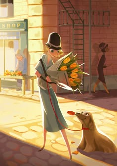 a woman is walking her dog down the street with flowers in her hand while holding a newspaper