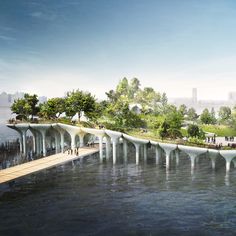 an artist's rendering of a bridge over water with people walking on the side