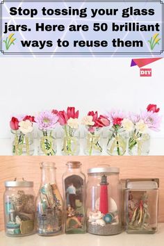 there are many glass jars with flowers in them on the shelf next to each other