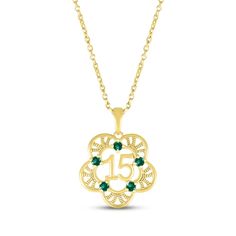 Make it the Quinceañera of her dreams with this beautiful 10K yellow gold necklace, with the number 15 at its center. The pendant features a flower-shaped design and glimmering lab-created emeralds, perfect for a May birthday. The pendant hangs from an 18-inch cable chain that secures with a spring ring clasp. Number 15, May Birthday, December Birthday, Lab Created Emerald, Yellow Gold Necklace, Necklace Clasps, Kay Jewelers, Swiss Blue Topaz, Topaz Stone