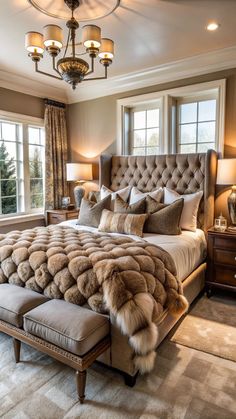 a bedroom with a large bed covered in fur