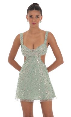 Sequin Pearl Cutout Dress in Green Summer Homecoming Embellished Sequin Dress, Summer Embellished Sequin Homecoming Dress, Embellished Sequin Dress For Summer Homecoming, Mini Sequin Dress With Beaded Straps For Party, Embellished Sequin Spaghetti Strap Dress For Homecoming, Glamorous Green Sequin Fabric For Summer, Sequined Mini Dress For Summer Gala, Summer Sequin Dress With Sweetheart Neckline, Summer Mini Dress With Sequins For Gala