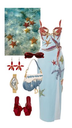 a woman in a blue dress is wearing red shoes and holding a handbag with starfishs on it