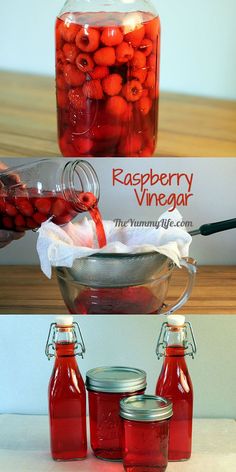 jars filled with raspberry vinegar sitting on top of a table