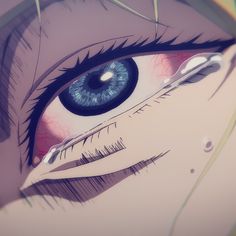 an anime character's eye with long eyelashes and blue - green eyes is shown