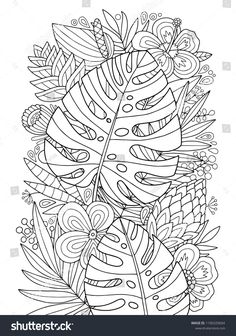 a coloring book page with leaves and flowers