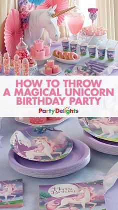 a unicorn themed birthday party with plates and napkins