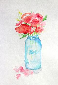 watercolor painting of flowers in a blue mason jar on white paper with pink and red petals